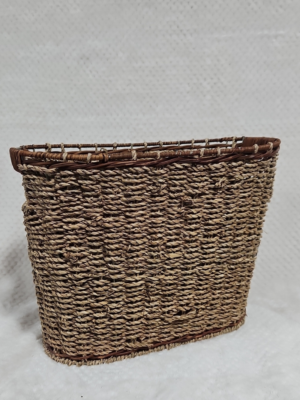 8"x14" brown neutral tone oval basket w/ handles for storage or trash bin/basket